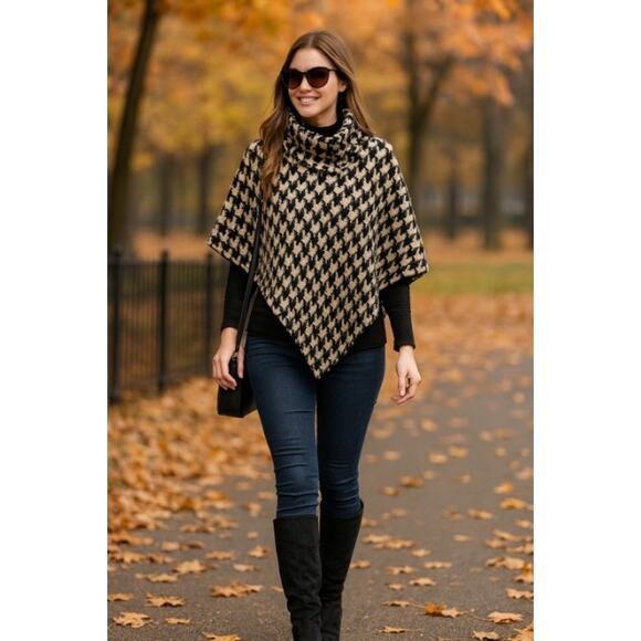 Last Kiss Black White Houndstooth Wool Lined Poncho Cape Cowl Neck Chic XL - Picture 1 of 8